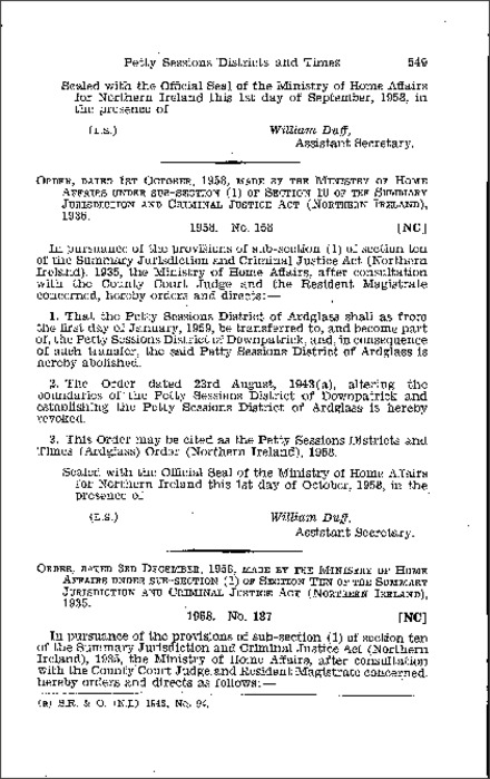 The Summary jurisdiction: Petty Sessions District and Times Order (Northern Ireland) 1958