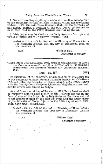 The Summary Jurisdiction: Petty Sessions Districts and Times Order (Northern Ireland) 1958