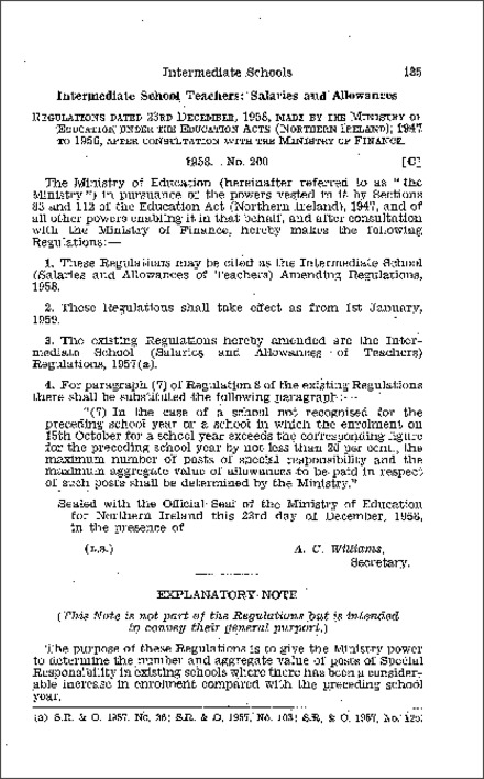 The Intermediate School (Salaries and Allowances of Teachers) Amendment Regulations (Northern Ireland) 1958