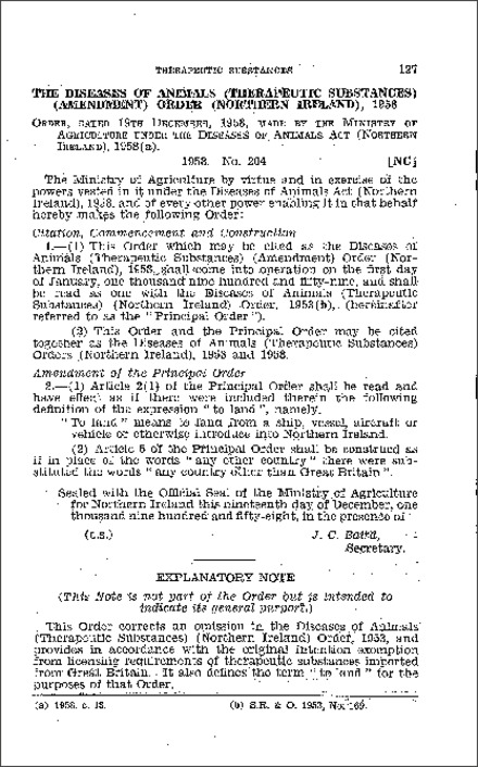The Diseases of Animals (Therapeutic Substances) (Amendment) Order (Northern Ireland) 1958
