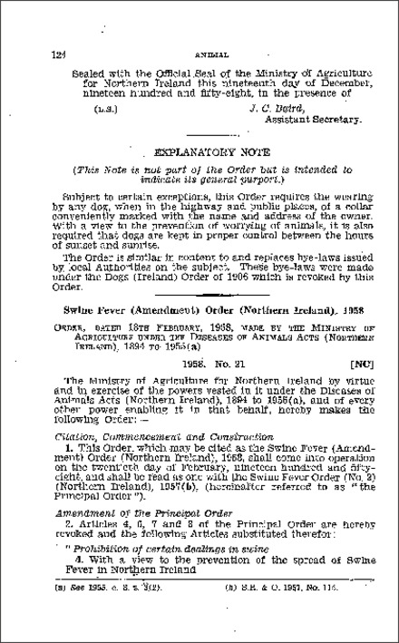 The Swine Fever (Amendment) Order (Northern Ireland) 1958