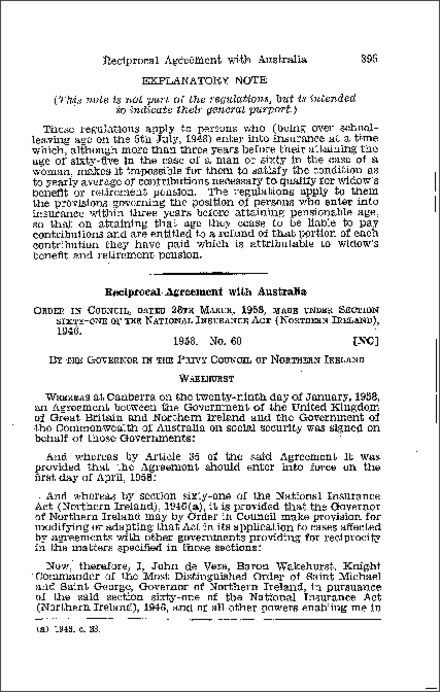 The National Insurance (Reciprocal Agreement with Australia) Order (Northern Ireland) 1958