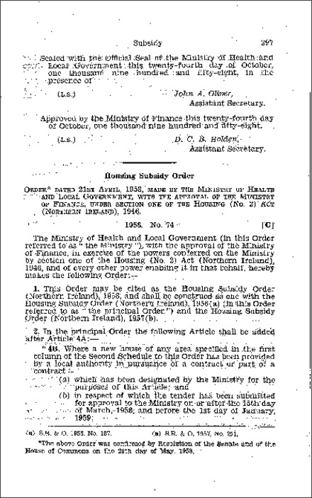The Housing Subsidy Order (Northern Ireland) 1958