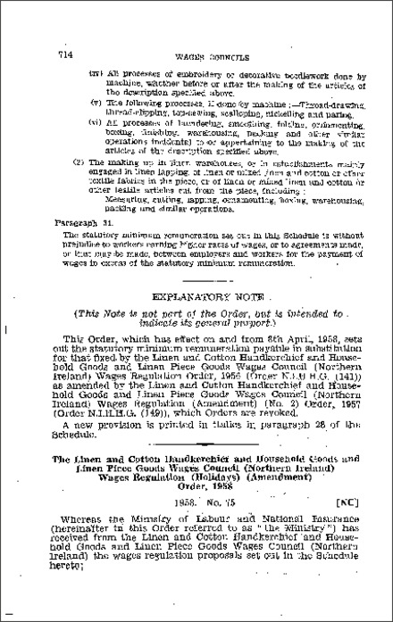 The Linen and Cotton Handkerchief and Household Goods and Linen Piece Goods Wages Council (Northern Ireland) Wages Regulations (Holidays) (Amendment) Order (Northern Ireland) 1958