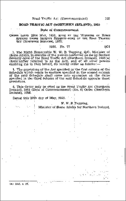 The Road Traffic Act (Northern Ireland) 1955 (Date of Commencement) (No. 5) Order (Northern Ireland) 1958