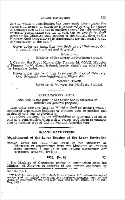 The Inland Navigation (Abandonment of the Lower Reaches of the Lagan Navigation) Order (Northern Ireland) 1958