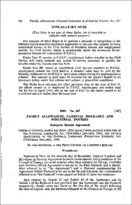 The Family Allowances, National Insurance and Industrial Injuries (European Interim Agreement) Order (Northern Ireland) 1959