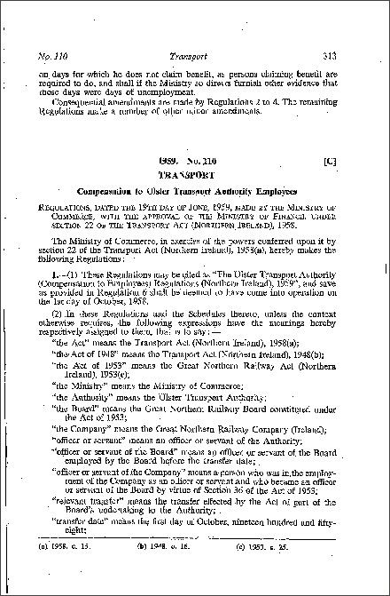 The Ulster Transport Authority (Compensation to Employees) Regulations (Northern Ireland) 1959