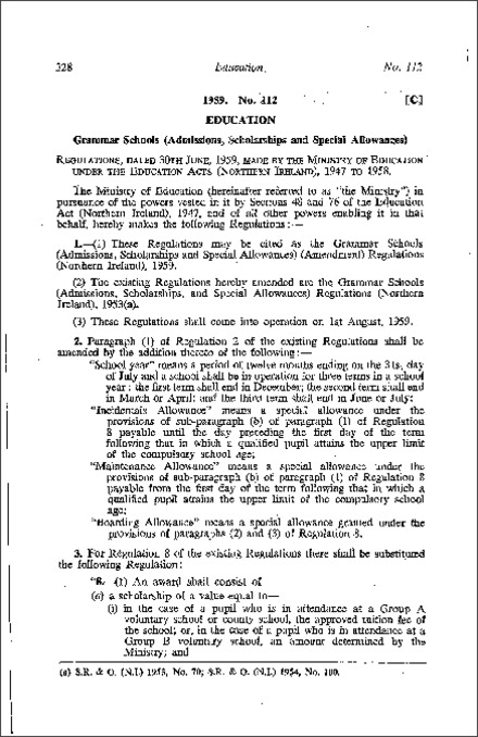 The Grammar Schools (Admissions, Scholarships and Special Allowances) (Amendment) Regulations (Northern Ireland) 1959