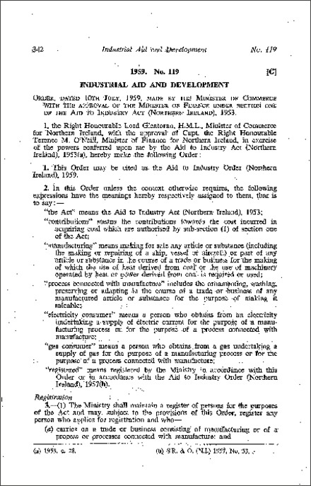 The Aid to Industry Order (Northern Ireland) 1959