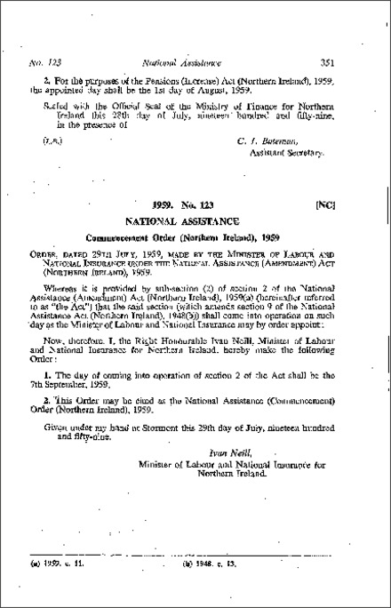 The National Assistance (Commencement) Order (Northern Ireland) 1959