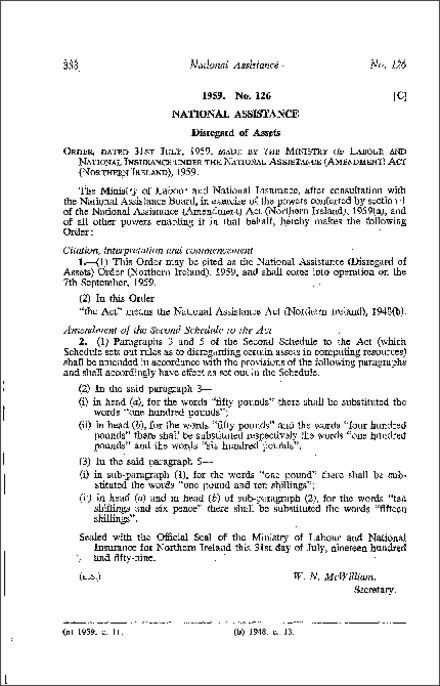 The National Assistance (Disregard of Assets) Order (Northern Ireland) 1959
