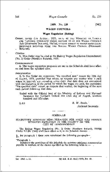 The Baking Wages Regulations (Amendment) (No. 2) Order (Northern Ireland) 1959