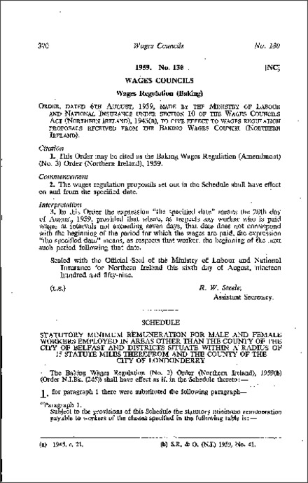 The Baking Wages Regulations (Amendment) (No. 3) Order (Northern Ireland) 1959