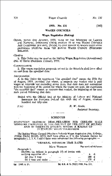 The Baking Wages Regulations (Amendment) (No. 4) Order (Northern Ireland) 1959