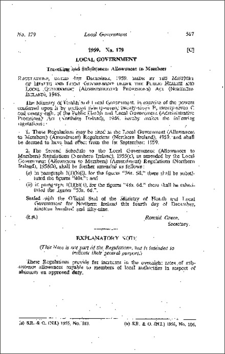 The Local Government (Allowances to Members) (Amendment) Regulations (Northern Ireland) 1959