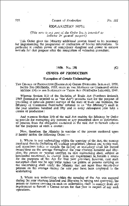 The Census of Production (Exemption) Order (Northern Ireland) 1959