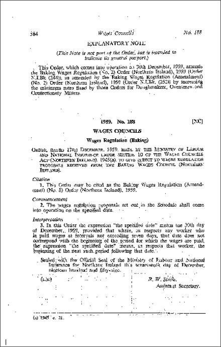 The Baking Wages Regulations (Amendment) (No. 8) Order (Northern Ireland) 1959