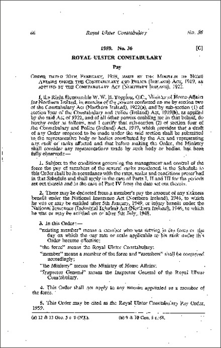 The Royal Ulster Constabulary Pay Order (Northern Ireland) 1959