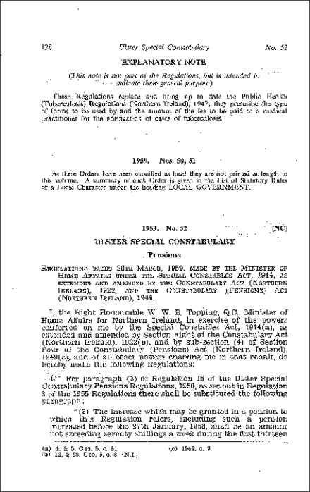 The Ulster Special Constabulary Pensions (Amendment) Regulations (Northern Ireland) 1959