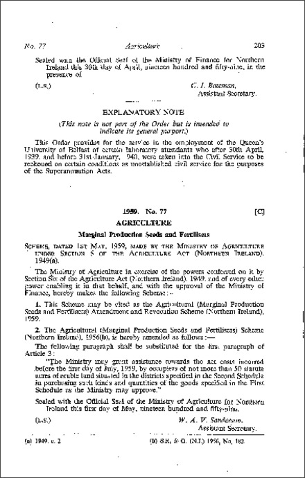 The Agricultural (Marginal Production Seeds and Fertilisers) Amendment Revocation Scheme (Northern Ireland) 1959