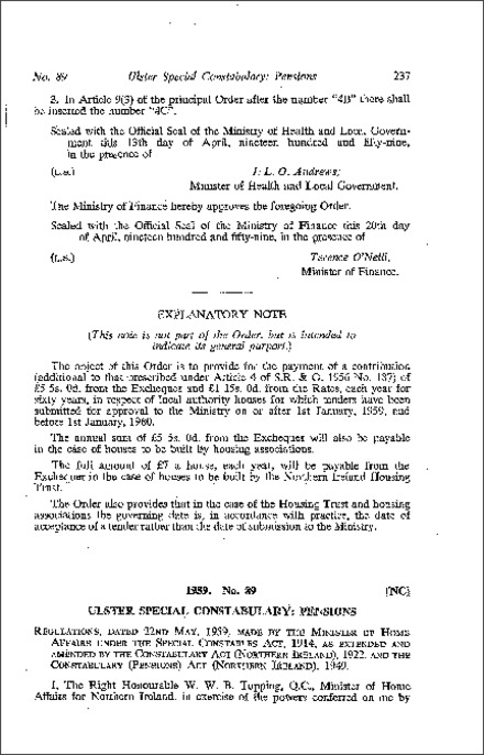 The Ulster Special Constabulary Pensions (Amendment) (No. 2) Regulations (Northern Ireland) 1959