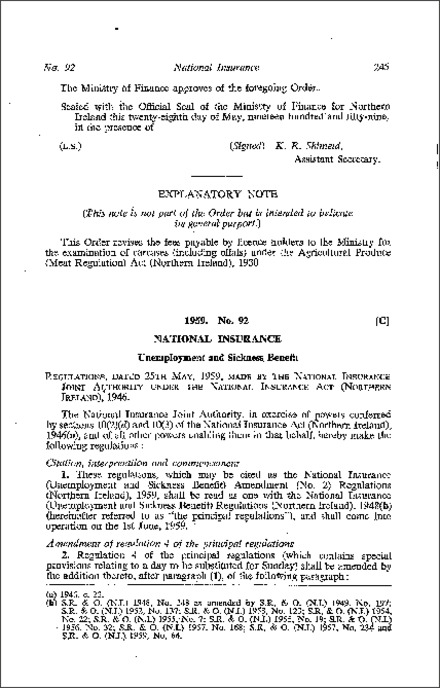 The National Insurance (Unemployment and Sickness Benefit) Amendment (No. 2) Regulations (Northern Ireland) 1959