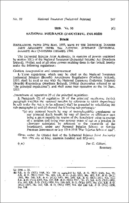 The National Insurance (Industrial Injuries) (Benefit) Amendment Regulations (Northern Ireland) 1959