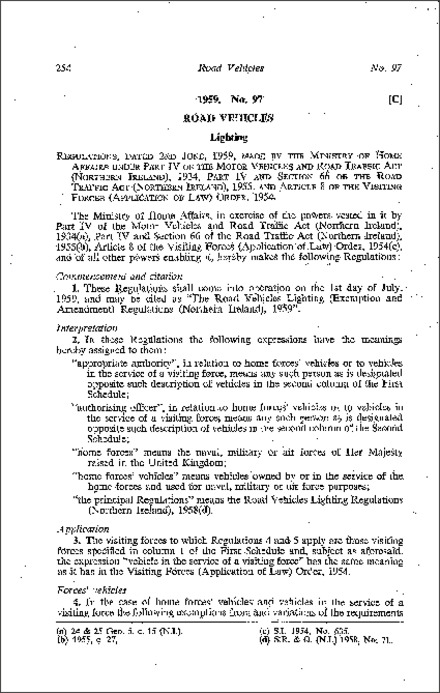 The Road Vehicles Lighting (Exemption and Amendment) Regulations (Northern Ireland) 1959