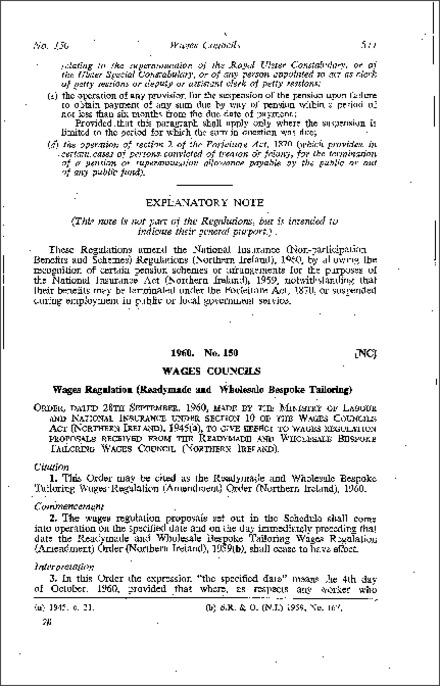 The Readymade and Wholesale Bespoke Tailoring Wages Regulations (Amendment) Order (Northern Ireland) 1960