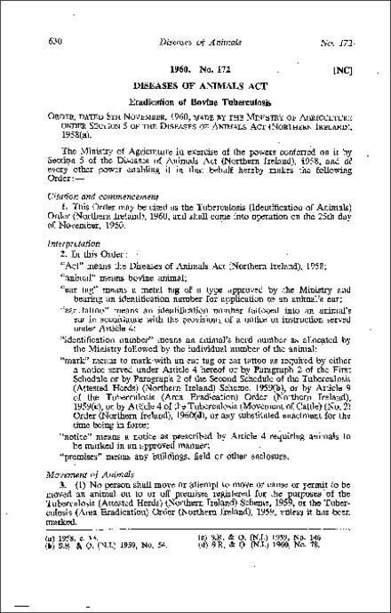 The Tuberculosis (Identification of Animals) Order (Northern Ireland) 1960