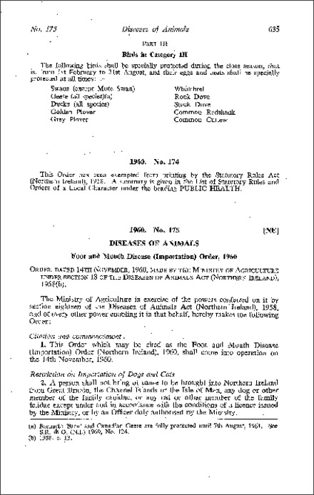 The Foot and Mouth Disease (Importation) Order (Northern Ireland) 1960