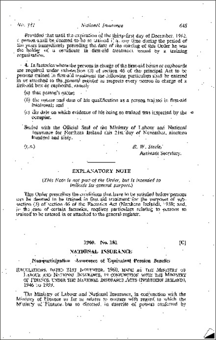 The National Insurance (Non-participation - Assurance of Equivalent Pension Benefits) Regulations (Northern Ireland) 1960