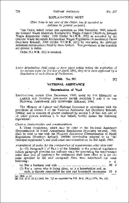 The National Assistance (Determination of Need) Amendment Regulations (Northern Ireland) 1960