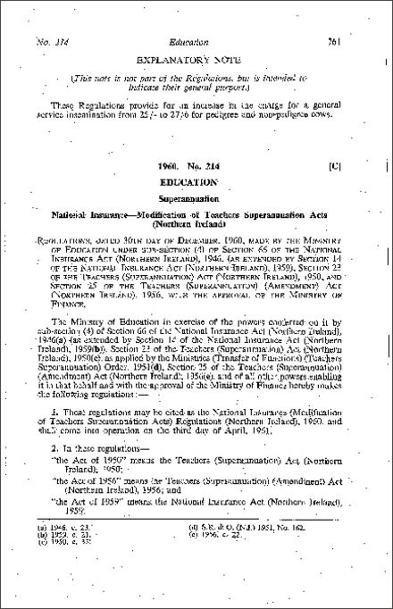 The National Insurance (Modification of Teachers Superannuation Acts) Regulations (Northern Ireland) 1960