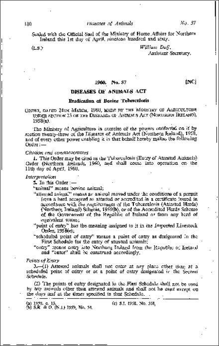 The Tuberculosis (Entry of Attested Animals) Order (Northern Ireland) 1960