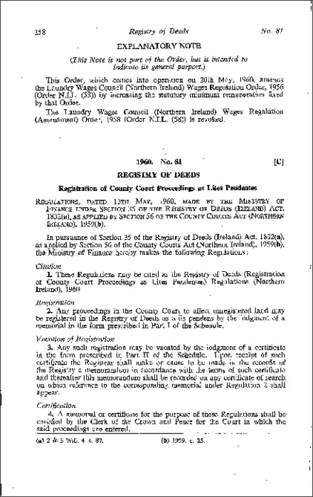 The Registry of Deeds (Registration of County Court Proceedings as Lites Pendentes) Regulations (Northern Ireland) 1960