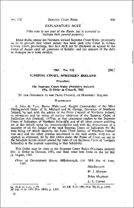 The Supreme Court Rules (No. 2) Order in Council (Northern Ireland) 1961