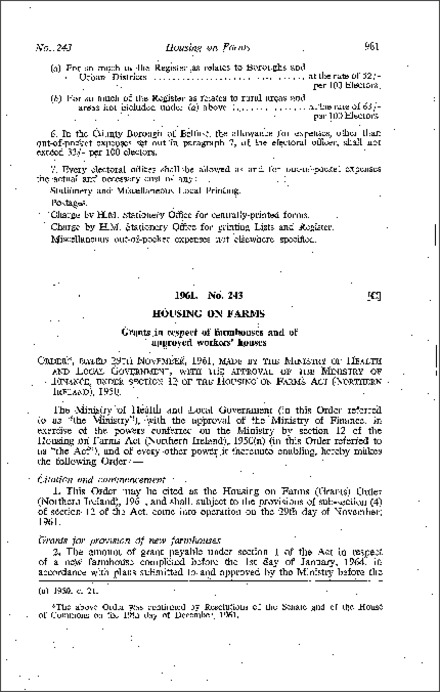 The Housing on Farms (Grants) Order (Northern Ireland) 1961