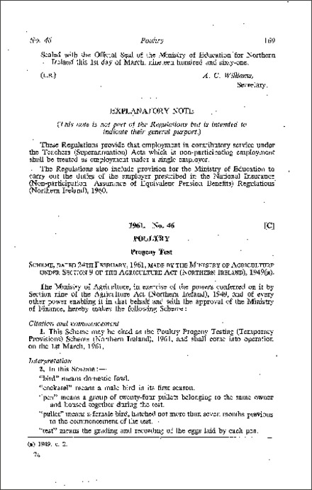 The Poultry Progeny Testing (Temporary Provisions) Scheme (Northern Ireland) 1961