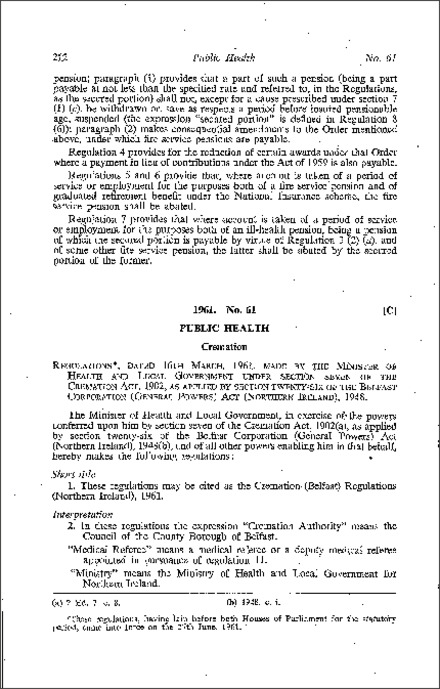 The Cremation (Belfast) Regulations (Northern Ireland) 1961
