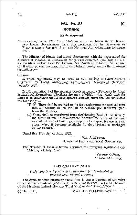 The Housing (Re-development) (Payments by Local Authorities) (Amendment) Regulations (Northern Ireland) 1962