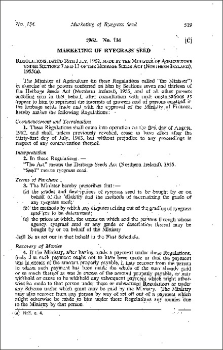 The Marketing of Ryegrass Seed Regulations (Northern Ireland) 1962