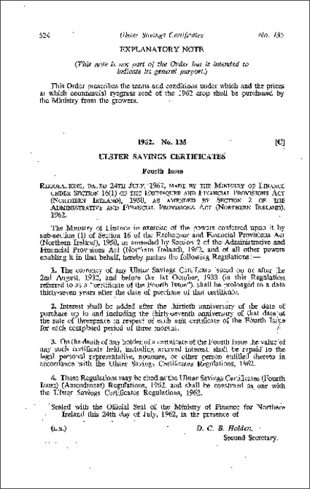 The Ulster Savings Certificates (Fourth Issue) (Amendment) Regulations (Northern Ireland) 1962