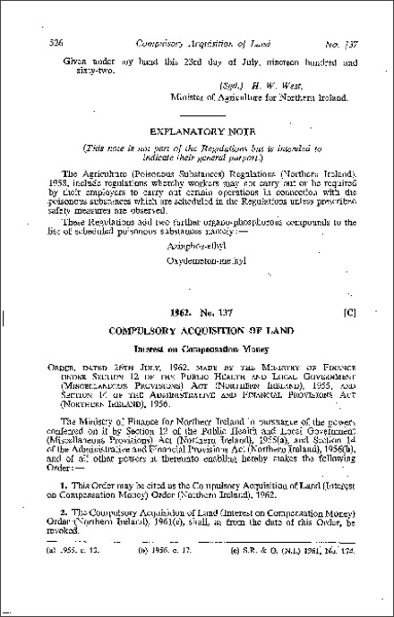 The Compulsory Acquisition of Land (Interest on Compensation Money) Order (Northern Ireland) 1962