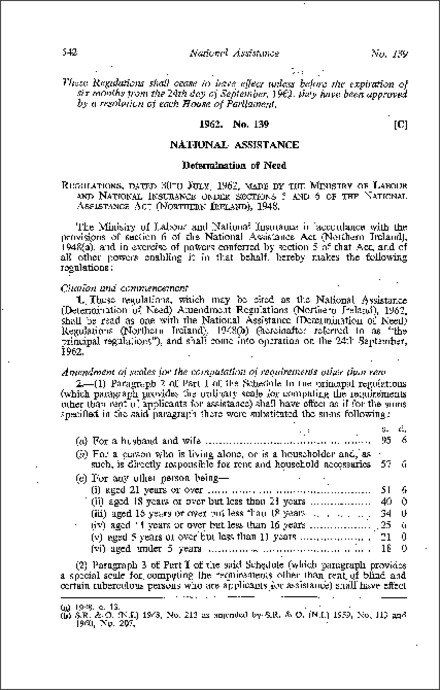 The National Assistance (Determination of Need) Amendment Regulations (Northern Ireland) 1962