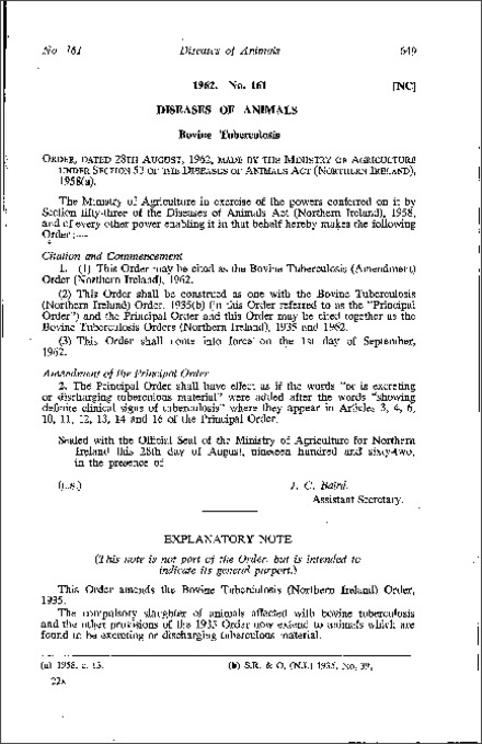 The Bovine Tuberculosis (Amendment) Order (Northern Ireland) 1962