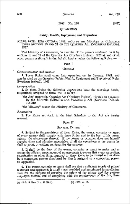 The Quarries (Safety, Health, Equipment and Explosives) Rules (Northern Ireland) 1962
