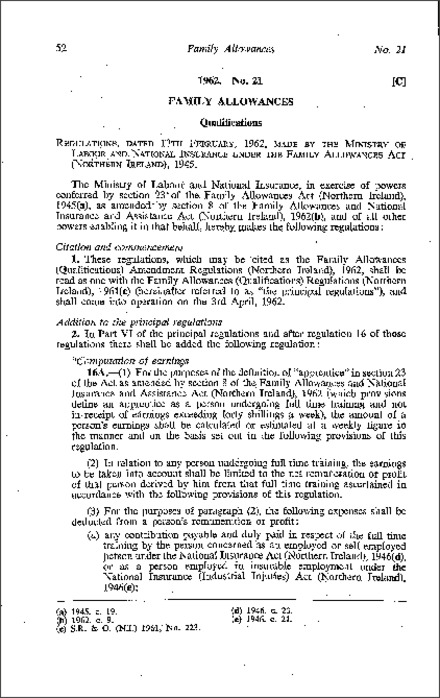 The Family Allowances (Qualifications) Amendment Regulations (Northern Ireland) 1962