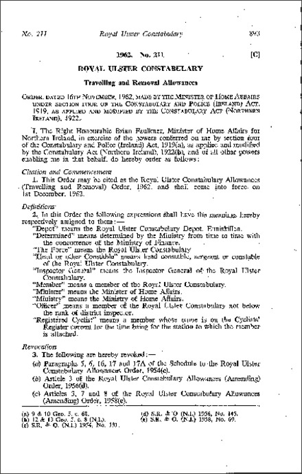 The Royal Ulster Constabulary Allowances (Travelling and Removal) Order (Northern Ireland) 1962